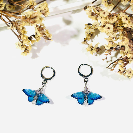 Blue Moth Earrings, Cute Moth Wings With Pearl, Insect Fairy Resin Jewelry, Handmade Gift for her