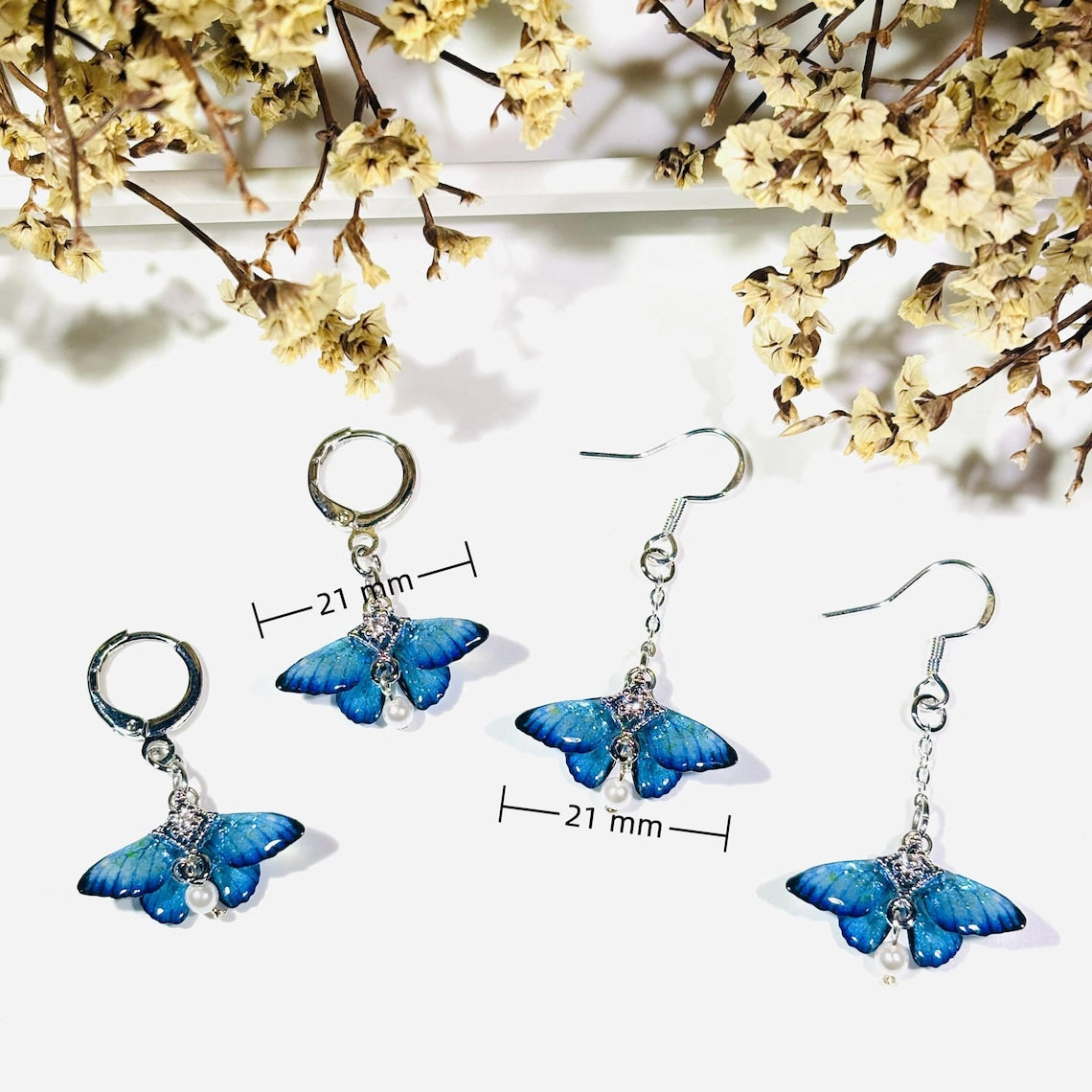 Blue Moth Earrings, Cute Moth Wings With Pearl, Insect Fairy Resin Jewelry, Handmade Gift for her