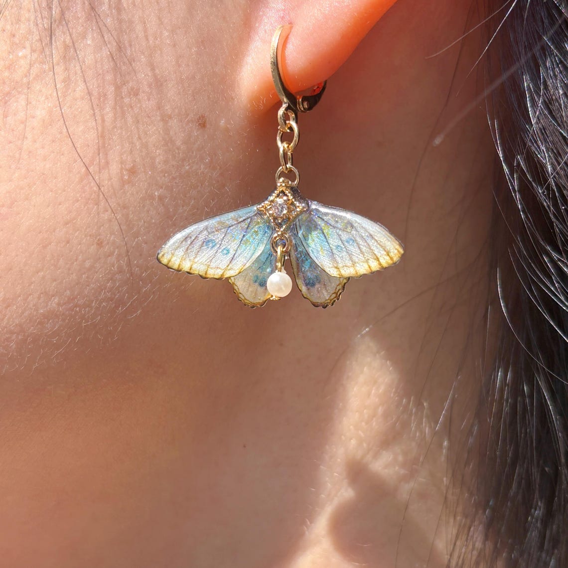 Moth Earrings, Cute Moth Wings With Pearl, Insect Fairy Resin Jewelry, Handmade Gift for her