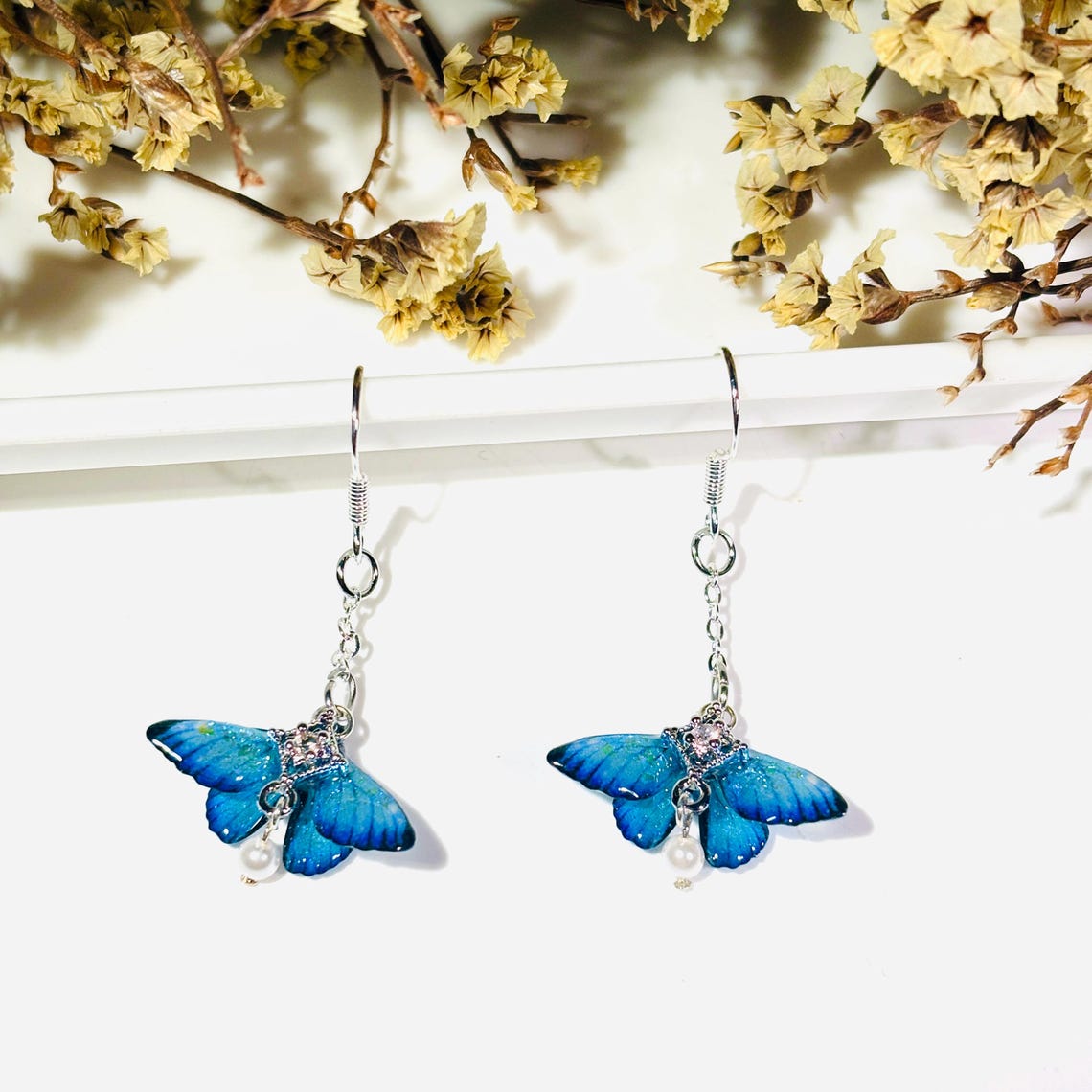 Blue Moth Earrings, Cute Moth Wings With Pearl, Insect Fairy Resin Jewelry, Handmade Gift for her