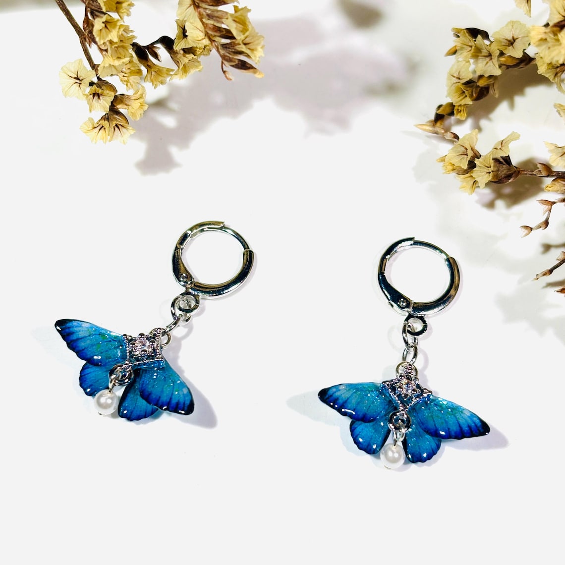 Blue Moth Earrings, Cute Moth Wings With Pearl, Insect Fairy Resin Jewelry, Handmade Gift for her