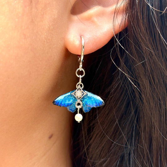 Blue Moth Earrings, Cute Moth Wings With Pearl, Insect Fairy Resin Jewelry, Handmade Gift for her