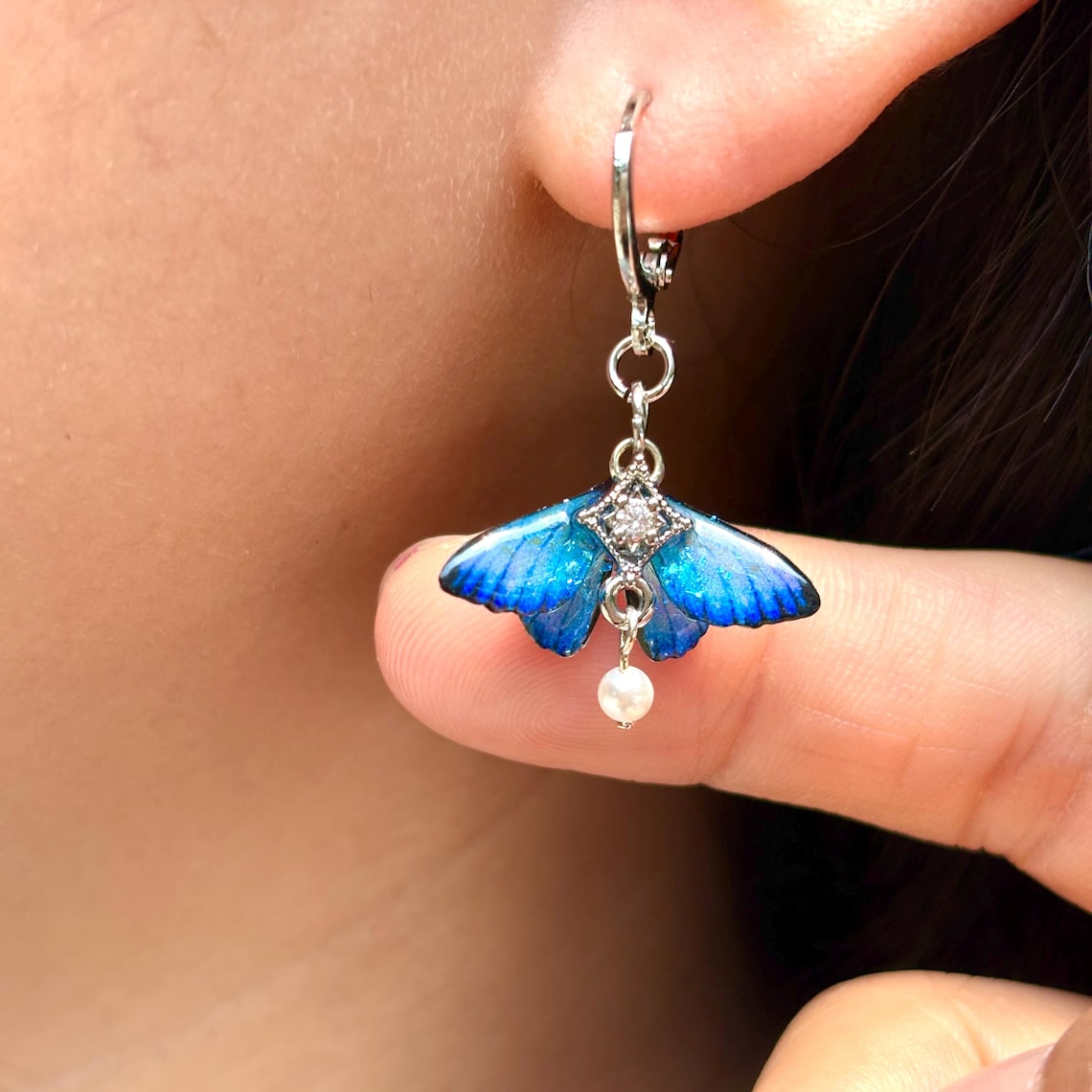 Blue Moth Earrings, Cute Moth Wings With Pearl, Insect Fairy Resin Jewelry, Handmade Gift for her