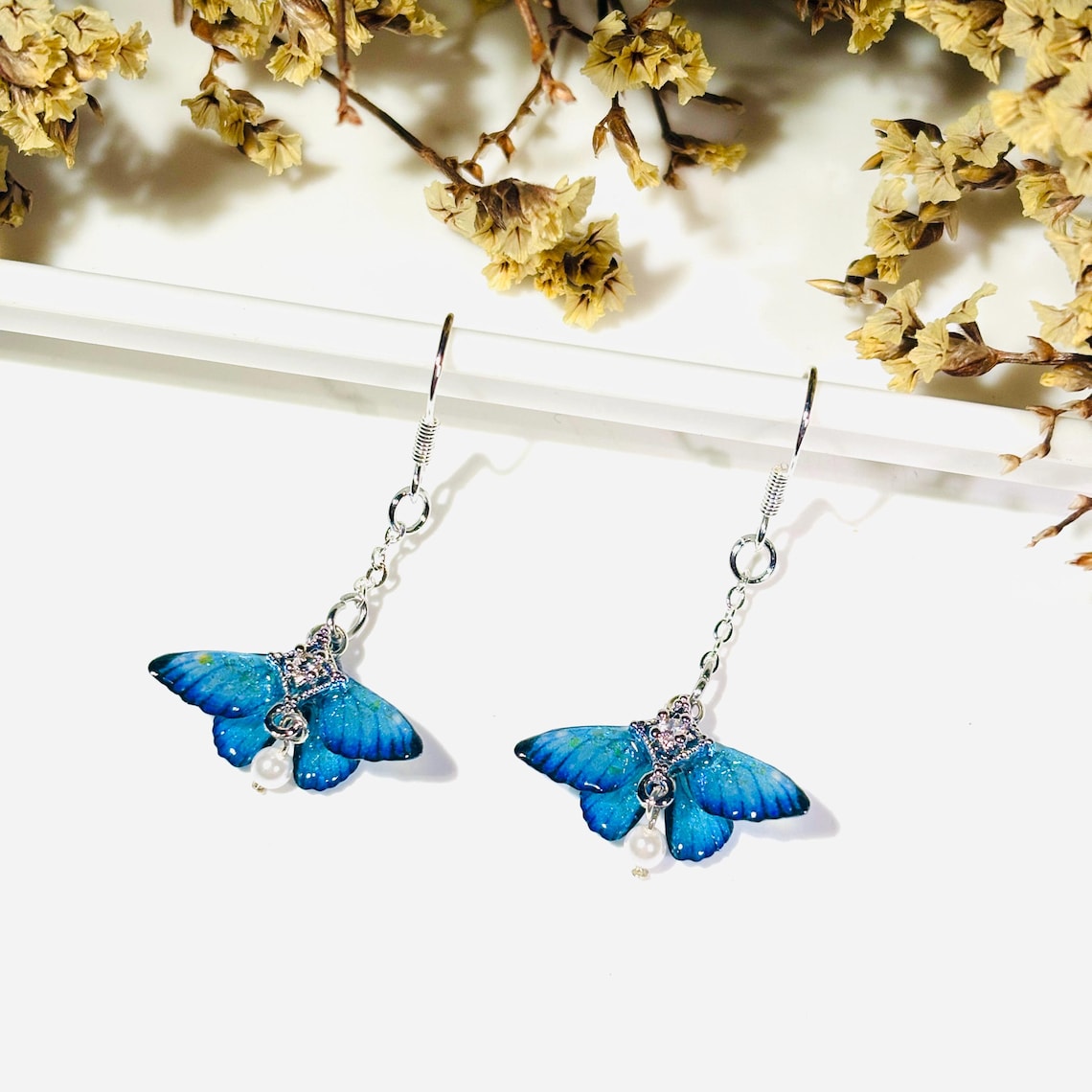 Blue Moth Earrings, Cute Moth Wings With Pearl, Insect Fairy Resin Jewelry, Handmade Gift for her