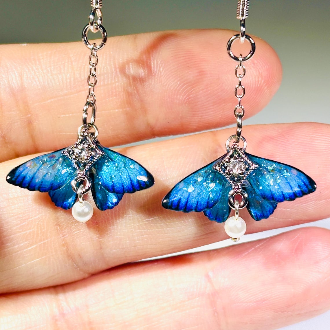 Blue Moth Earrings, Cute Moth Wings With Pearl, Insect Fairy Resin Jewelry, Handmade Gift for her