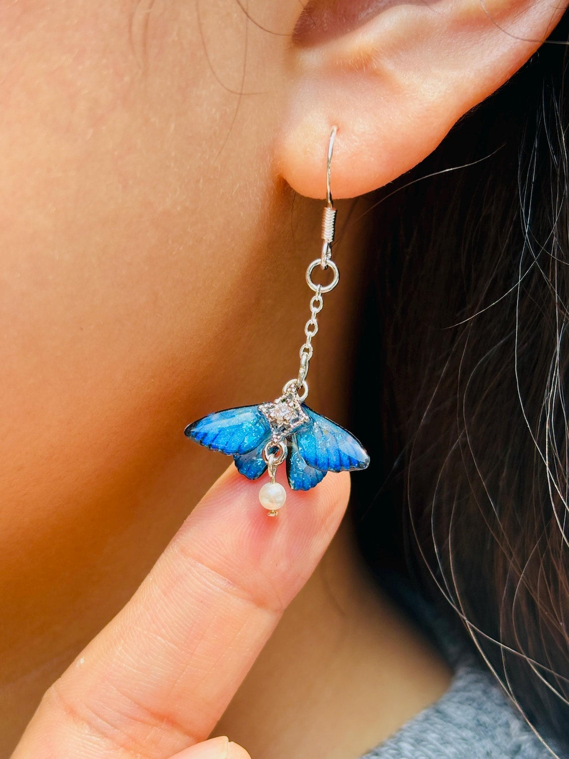 Blue Moth Earrings, Cute Moth Wings With Pearl, Insect Fairy Resin Jewelry, Handmade Gift for her